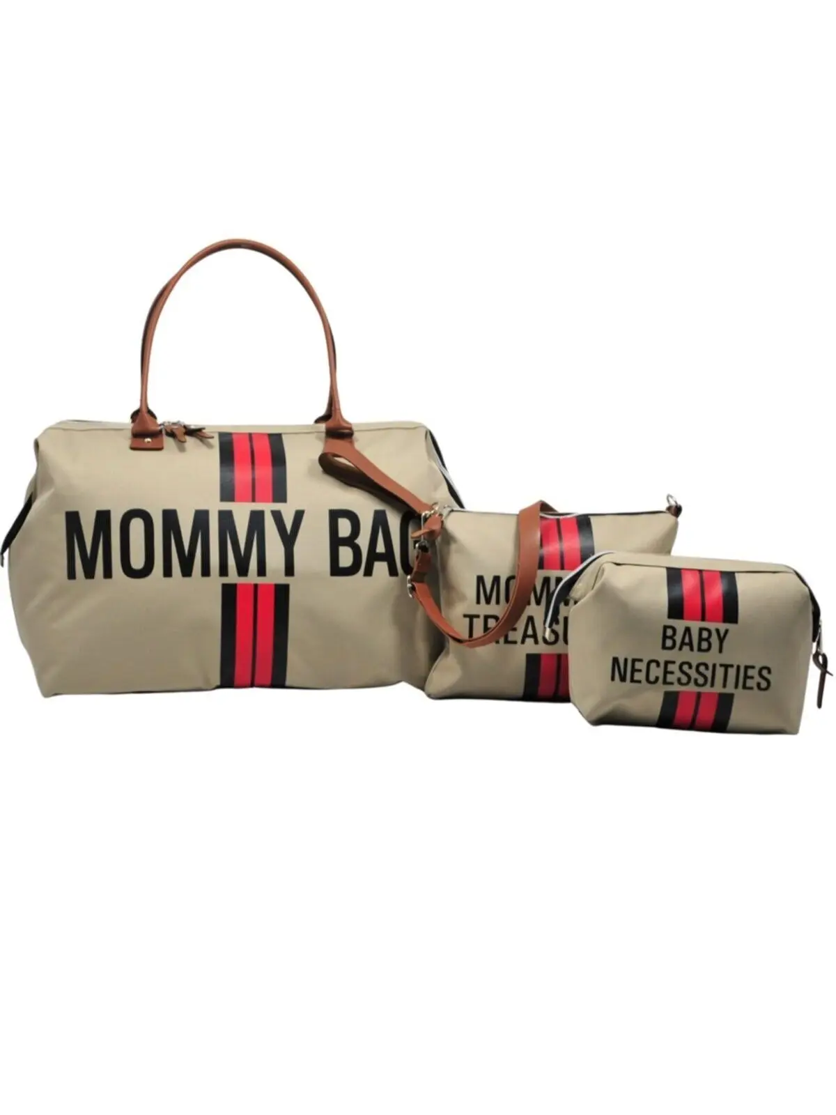 Mommy Bag Exclusive Design Red Stripe 3 Piece Set Beige Baby Mother Baby Care And Tote Bag