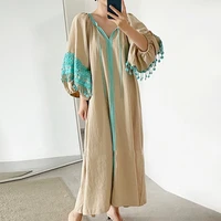 clothland women elegant tassel midi dress v neck lace lantern sleeve straight female chic casual dresses vestido qb135