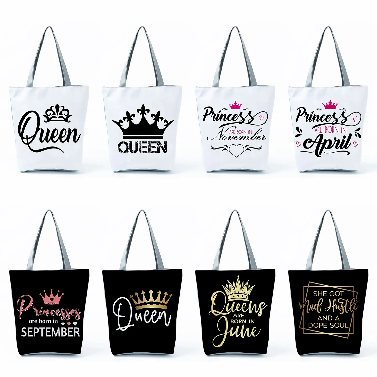 

Cool Letter Crown Women's Handbags Queen King Print White Black Tote Ladies Simple Fashion Beautiful Practical Travel Beach Bag