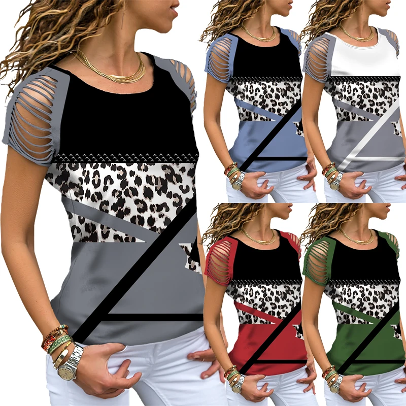 

Women's T-Shirts Leopard print Patchwork Short Sleeved Casual O-Neck Vintage Shirt 2022 Summer New Fashion Cut Out Shoulder Tops