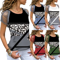 womens t shirts leopard print patchwork short sleeved casual o neck vintage shirt 2022 summer new fashion cut out shoulder tops