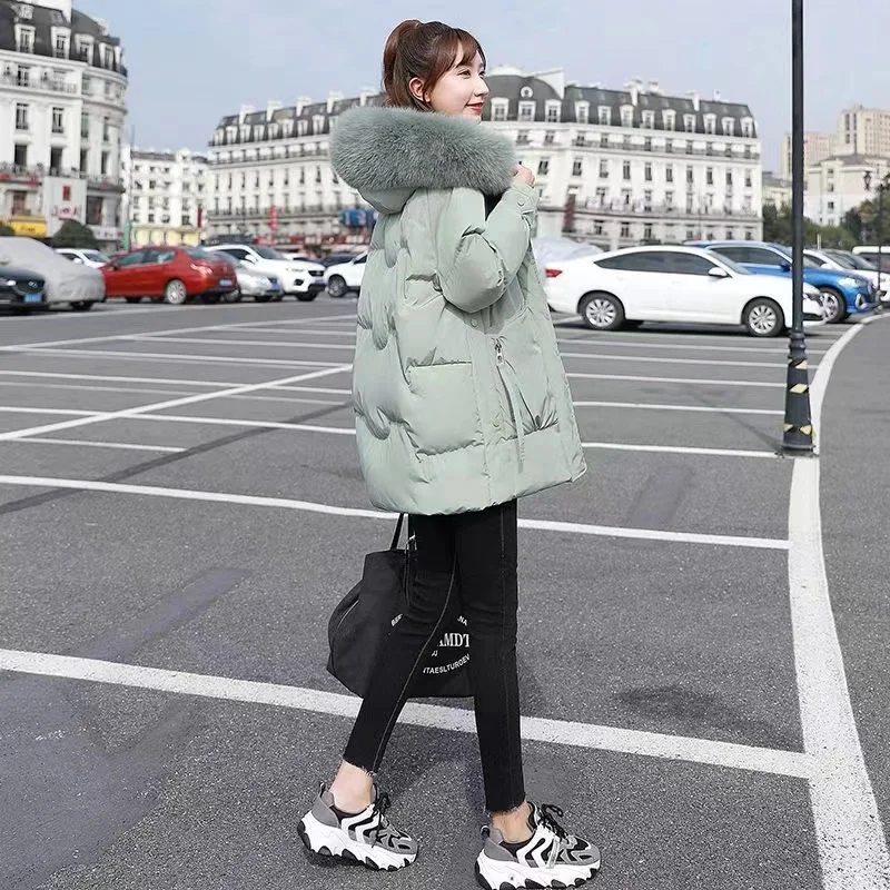 Zipper Snap Double Open Hooded Fur Collar Warm Windproof Down Jacket Winter Mid-Length Loose Thick Solid Color Puffer Jacket