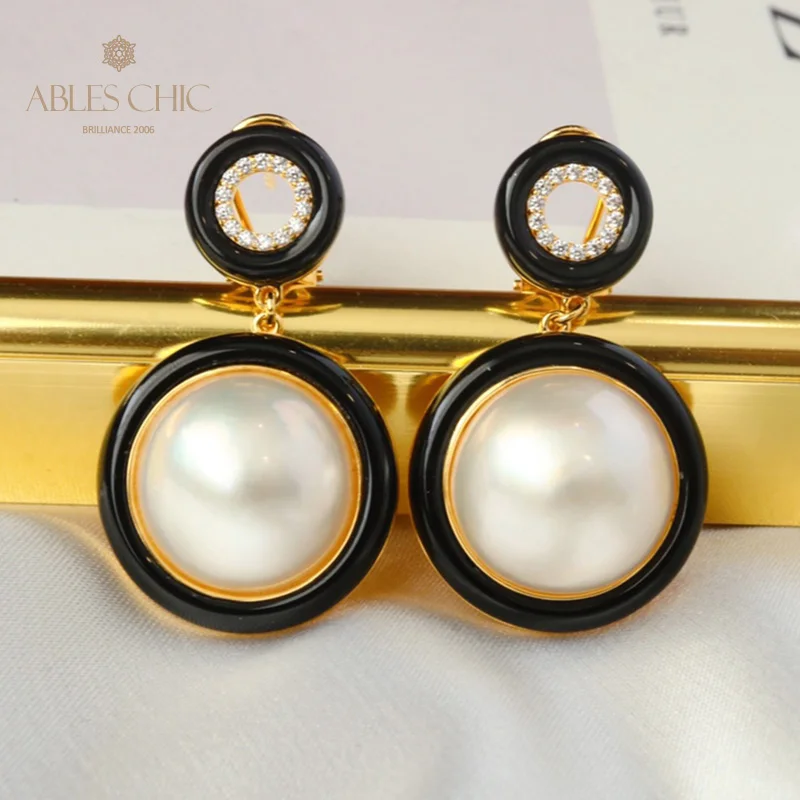 

18K Gold Tone Seawater Mabe Pearl Earrings Sterling Silver Black Agate Halo Wedding Earrings C11E4S26180