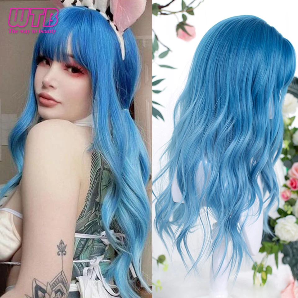 

WTB Synthetic Blue Ombre Cosplay Wig Long Wavy Colorful Lolits Harajuku Wig with Bangs Women Party Halloween Fake Hair