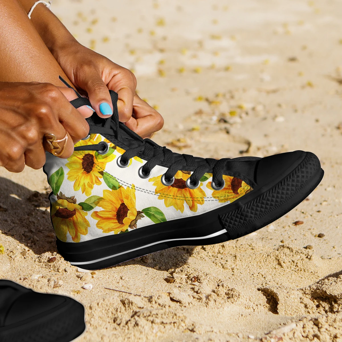 Nopersonality Ladies High Top Canvas Shoes Breathable Walking Vulcanized Sneakers Print Beautiful Sunflower Student Shoes