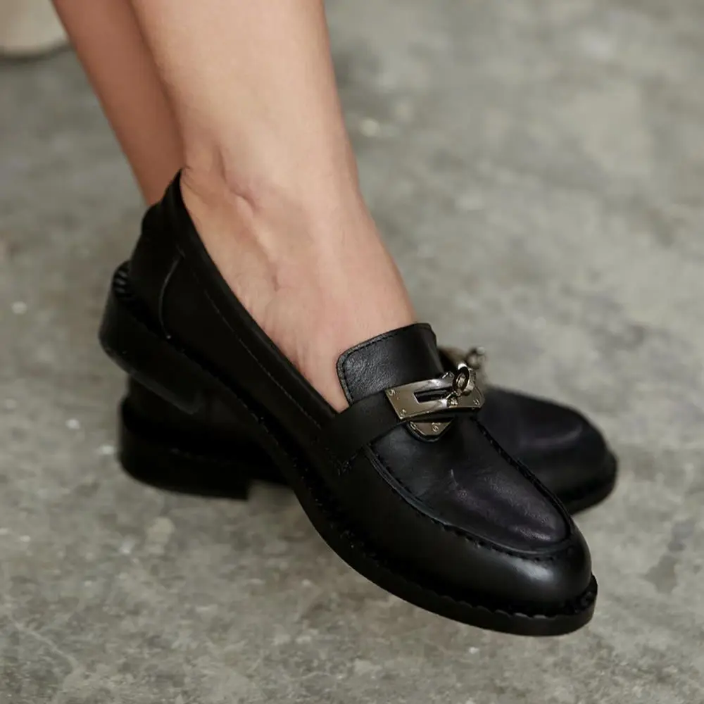 

Lowa Inside Outer Genuine Leather Short Square Heeled Metal Key Lock Detailed Black Women's Shoes Poshnmore Loafer Oxford Casual