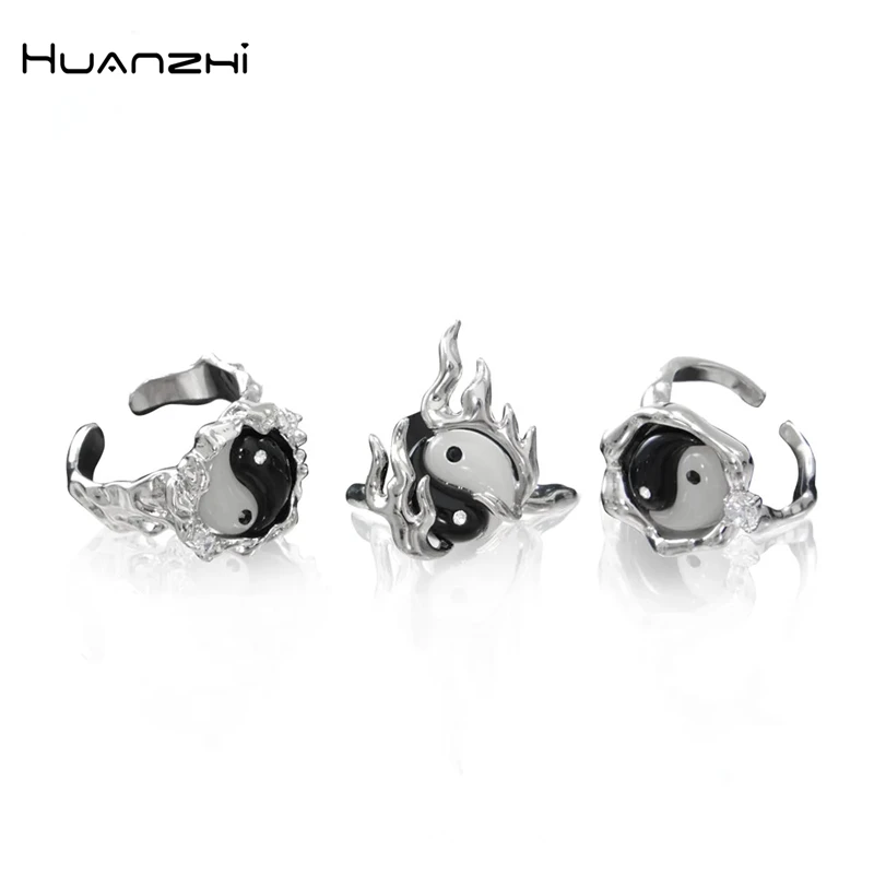 

HUANZHI Punk Rhinestone Silver Color Tai Chi Yin and Yang Adjustable Open Ring for Women Men Y2K Hip-hop Party Chunky Jewelry
