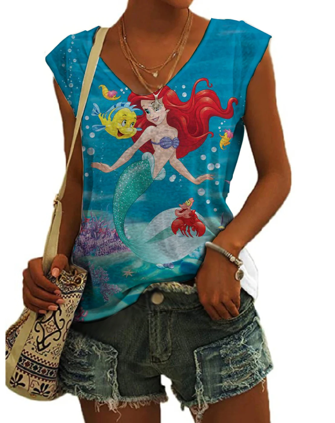 

Disney Cute Mermaid Ariel Print Women's Summer Harajuku Street Casual Vest Loose Vest Korean Sleeveless Women's Camisole