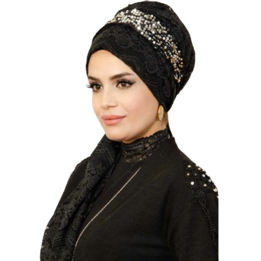 Женский готов Тюрбан Хиджаб с Черными Блестками мусульманская Мода в турецком