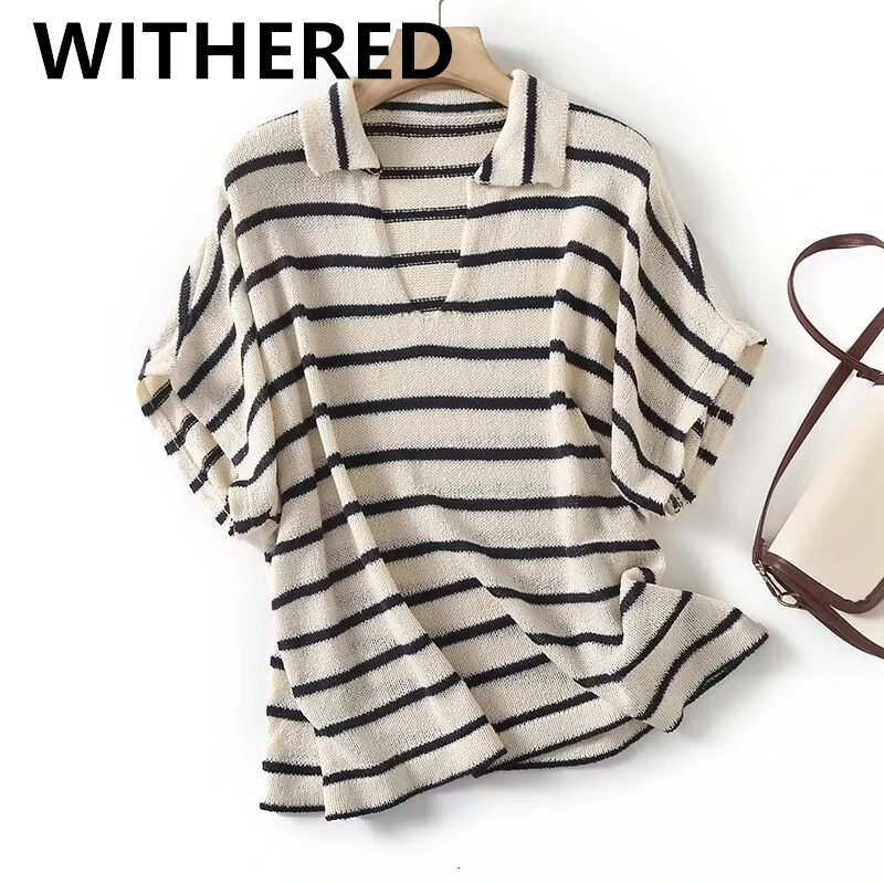 

Withered French Elegant Lazy Wind Loose Striped Top Fashion Casual Commuter T-shirt Women For Summer