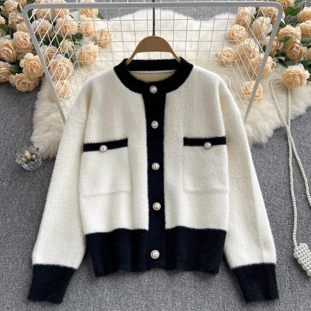 

Clothland Women Fashion Patchwork White Black Knitted Cardigan Long Sleeve Pockets Single Breasted Jacket Mohair Coat CA300