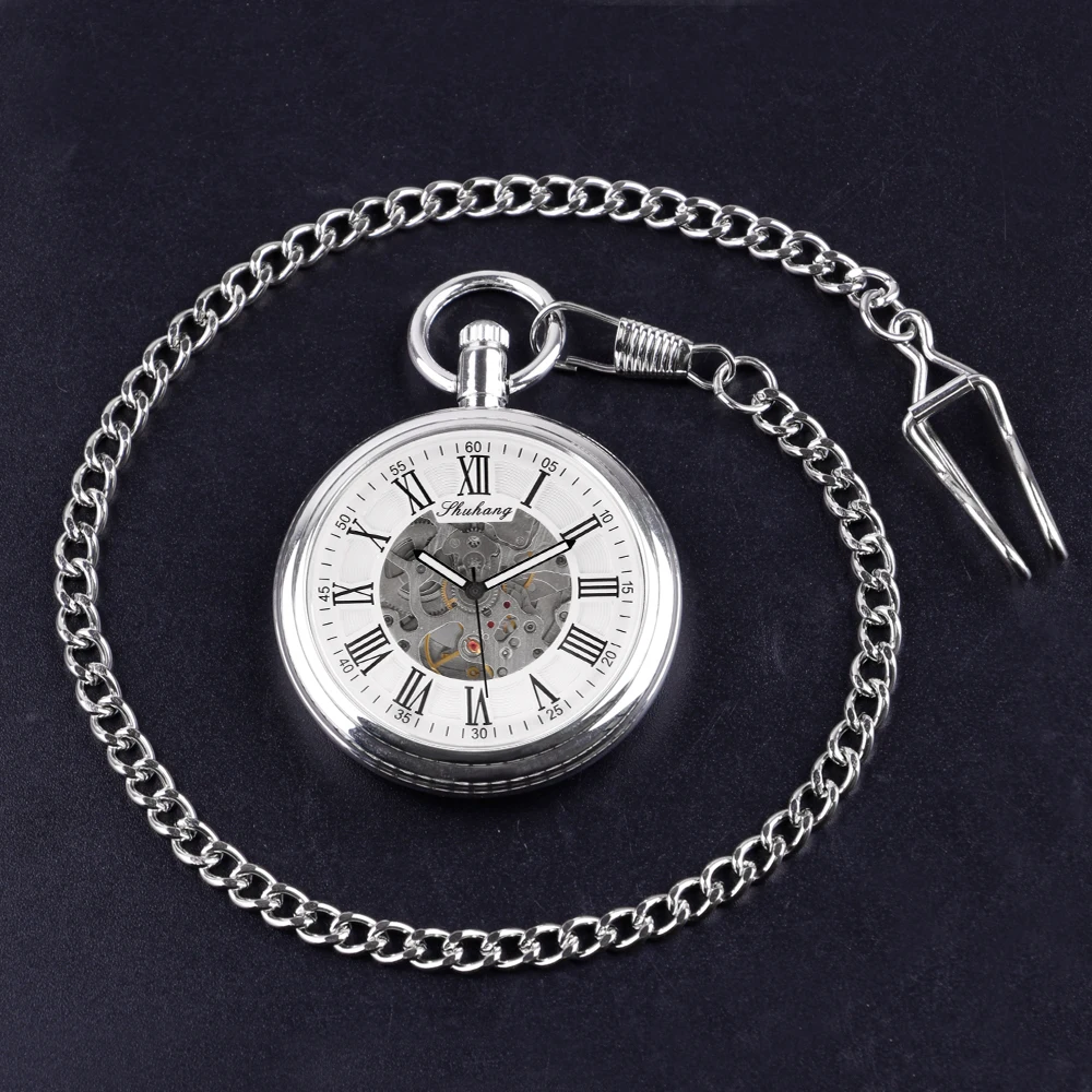 2022 New Fashion Mechanical Pocket Watch Silver Roman Numerals Gentleman Retro Pocket Watch Men's Birthday Anniversary Gift
