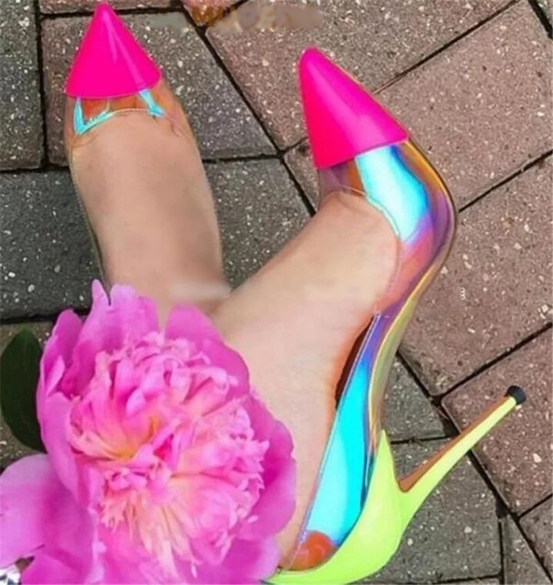 

Fluorescent PVC Patchwork Woman Shoes Neon Yellow Heels 12CM 10CM 8CM Celebrating Runway Shoes Size16 Pointy Toe Bride Pumps