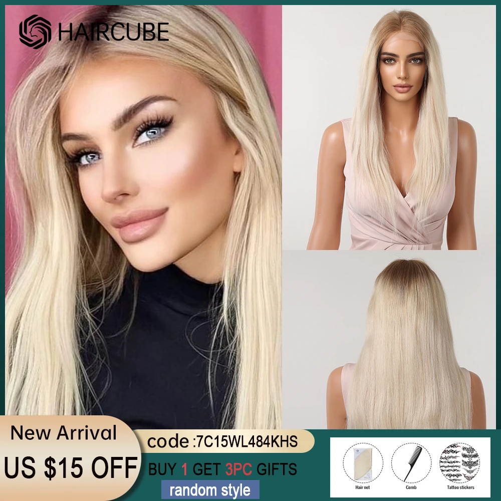 Platinum Blonde Lace Frontal Wigs Human Hair Wig for Women Middle Parting Long Straight 13x1 Lace Wig with Brown Roots Remy Hair