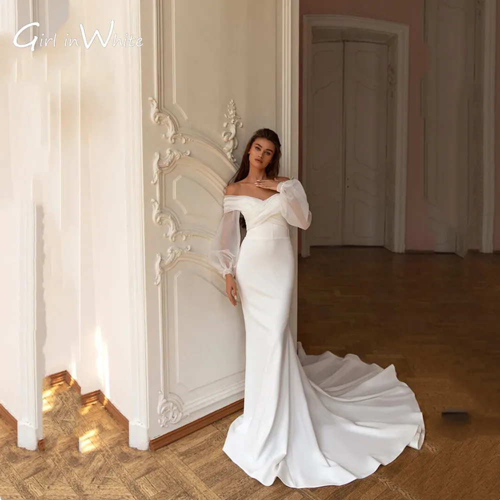 

Boho Off The Shoulder Vestido De Novia Simple Mermaid Wedding Dress Grace Puffy Sleeves Tulle Sweep Train Robe De Marié