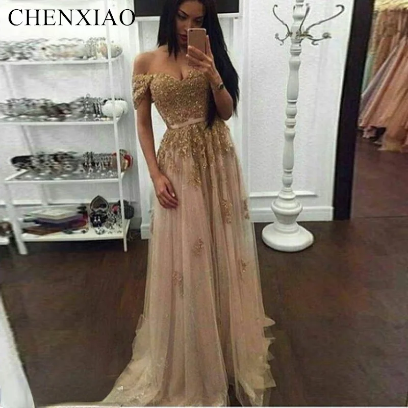 

Кружевные арабские вечерние платья цвета шампанского, с бисером, с открытыми плечами, трапециевидные тюлевые платья для выпускного вечера, ...