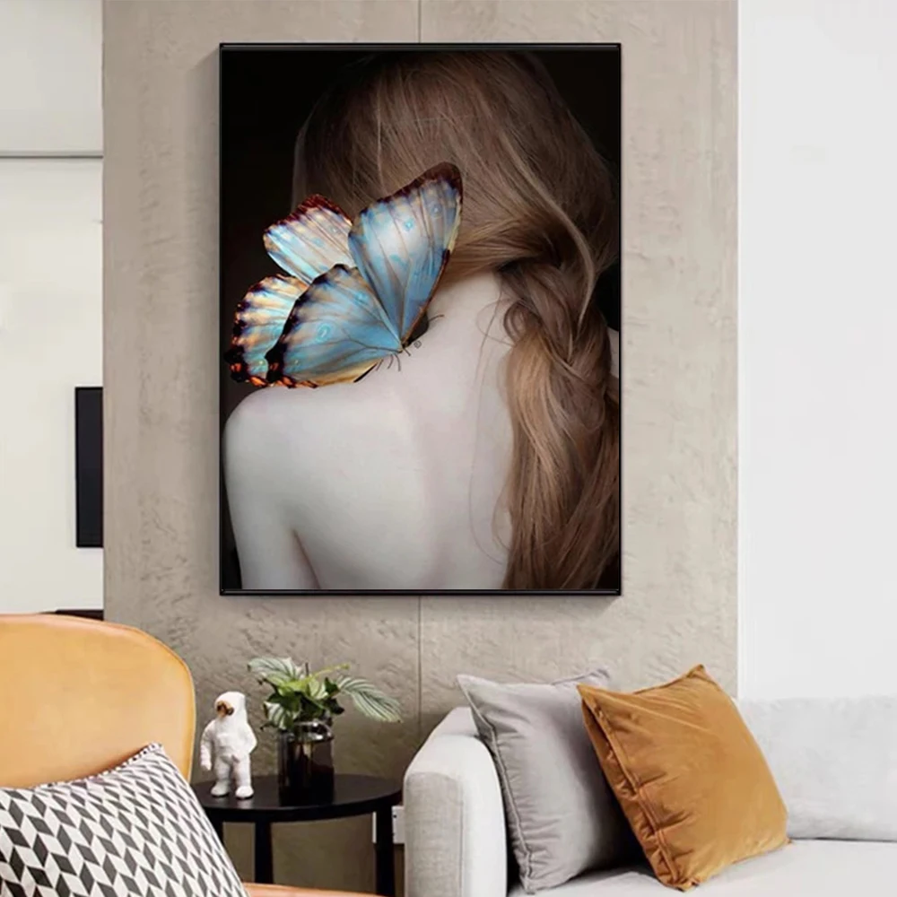 

Modern Sexy Nude Woman With Butterfly Canvas Painting Nordic Girl Poster and Print Picture for Living Room Wall Art Home Decor