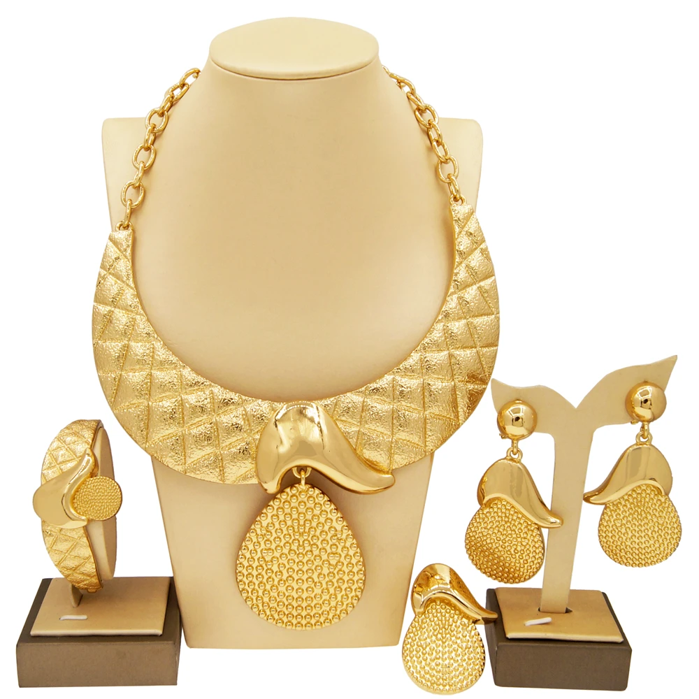 Jewelry Sets For Women Plating Gold Color Large Pendant Necklace Earring Bracelet Everyday Wear Nigerian Style Design