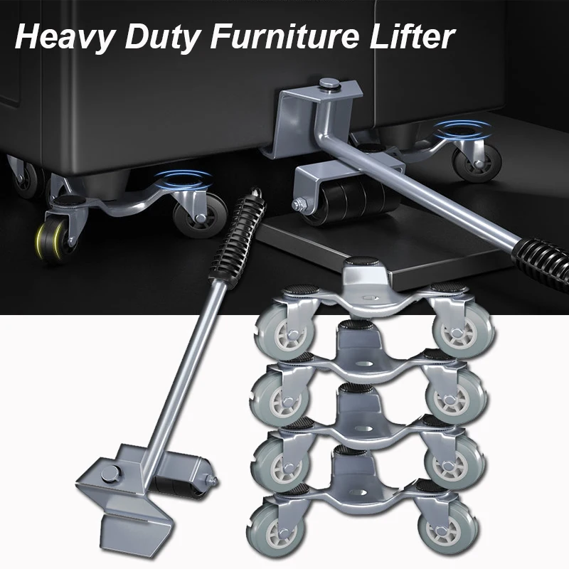 5Pc Heavy Duty Furniture Lifter Transport Tool Furniture Mover set 4 Move Roller 1 Wheel Bar for Lifting Moving Furniture Helper