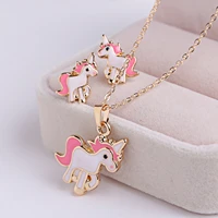 cute animal horse jewelry set for women pink lovely unicorn necklace and earrings bridal wedding engagement party accessories