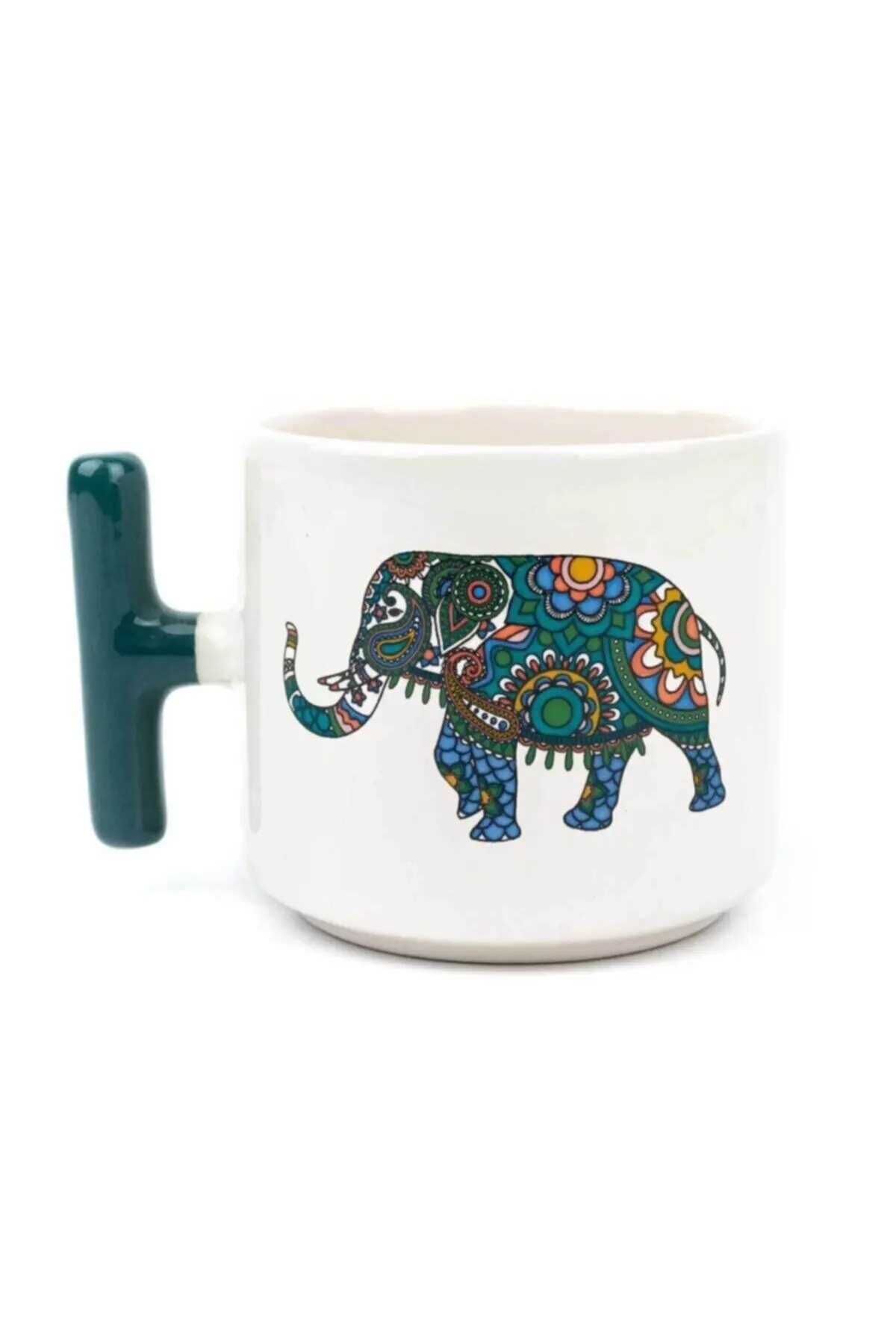 

Ethnic Figure Elephant Handmade Cream Glossy Ceramic Mug (Green Handle) 1pc First Class Quality Trend Special Product
