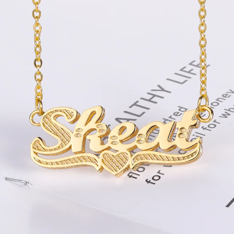 

Double Name Necklace With Heart Figaro Chain For Men And Women Customize 18K Gold 3D Two Tone Plated Stainless Steel JewelryGift