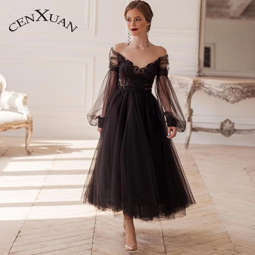 

CENXUAN Nectarean Prom Dresses Appliques V-neck Backless Off The Shoulder Tea-Length A-line 2023 Vestidos De Baile Custom Size