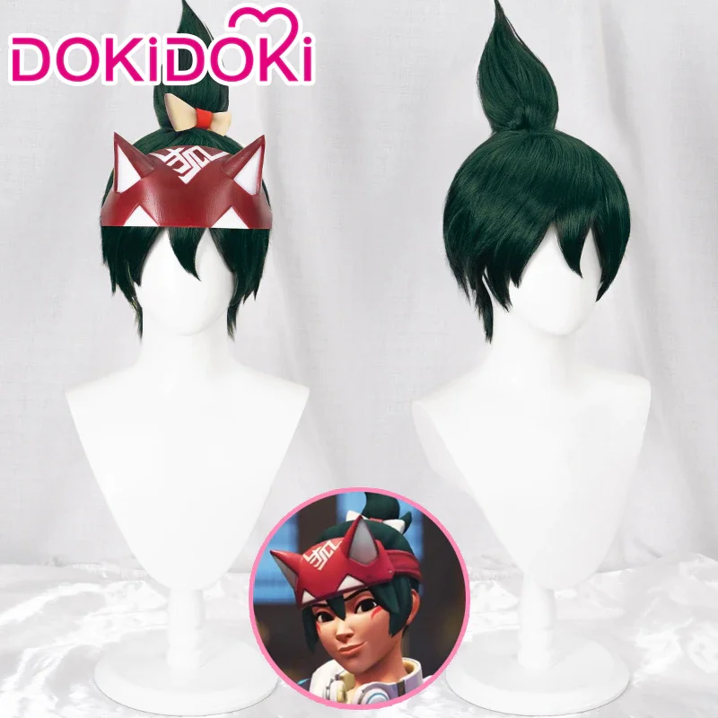 Kiriko парик игра Overwatch 2 косплей DokiDoki маска повязка Красная зеленые волосы