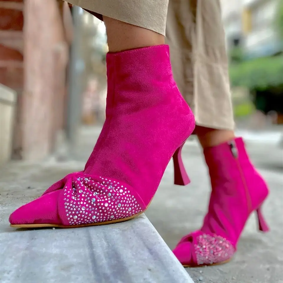 Closed Pointy Toe Stiletto High Heels Suede Ankle Boots Stone Embroidered Sexy Ladies Zip V Shape Booties 2022 Winter Autumn