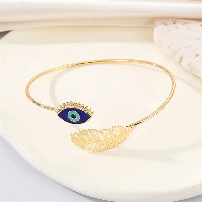 

New Trendy Blue Evil Eye Feather Cuff Bracelets For Women Girl Elegant Adjustable Open Bracelet Bangle Fashion Jewelry Pulseiras