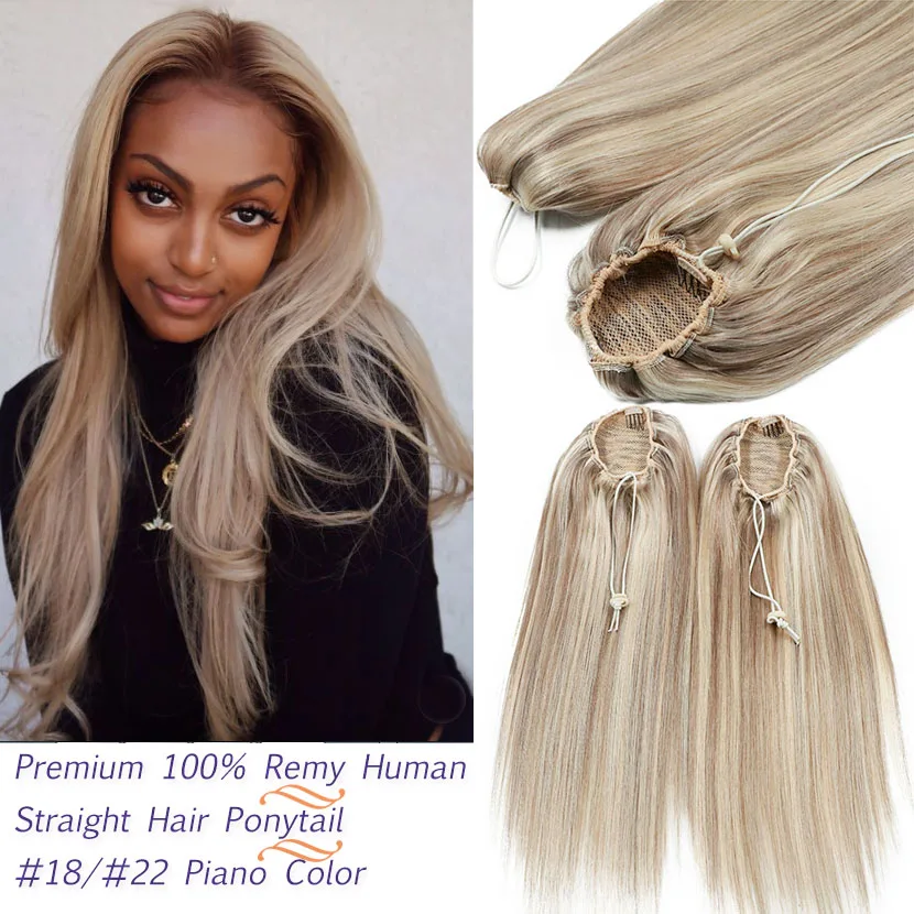 Piano #18/#22 Light Golden Blonde Straight New Drawstring Clip Ponytail Wig Human Hair Extension Pony Tail postiche cheveux