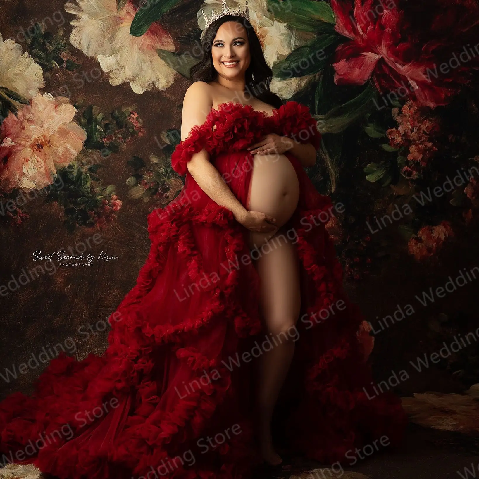 

Red Maternity Dresses for Photo Shoot Photography Long Off The Shoulder Ruffles Front Split Pregnancy Women Babyshower