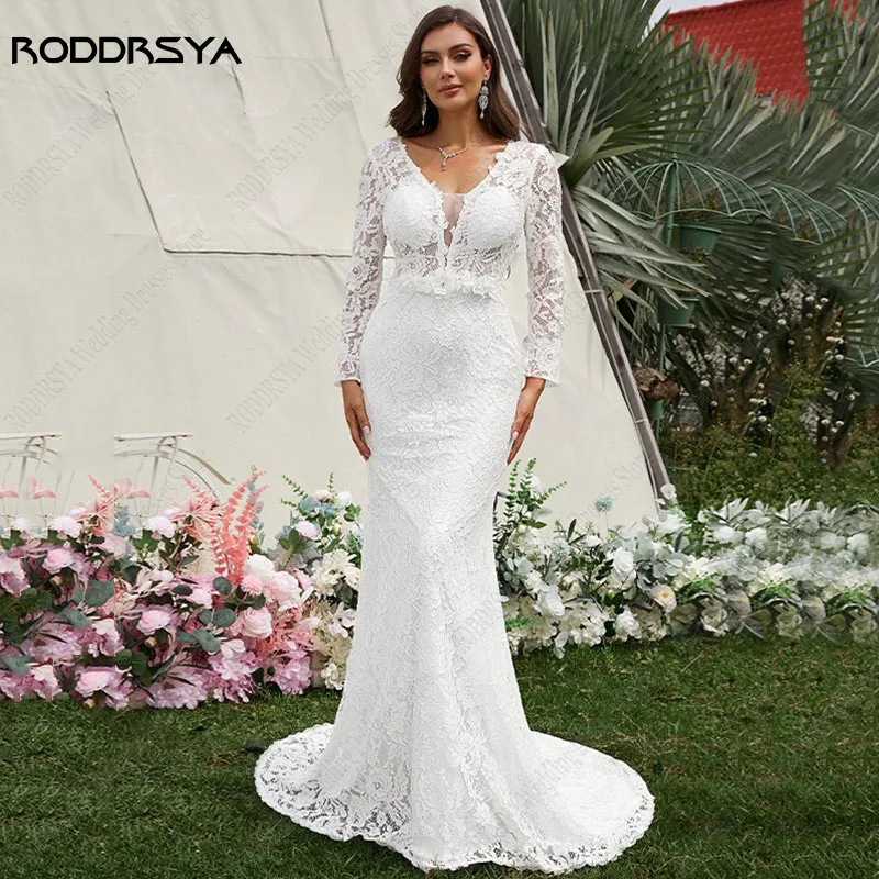 Купи RODDRSYA Appliques Mermaid Wedding Dress Long Sleeves Vestidos De Noiva Mariage Lace Tulle Sweep Train Illusion Back Bridal Gown за 9,487 рублей в магазине AliExpress