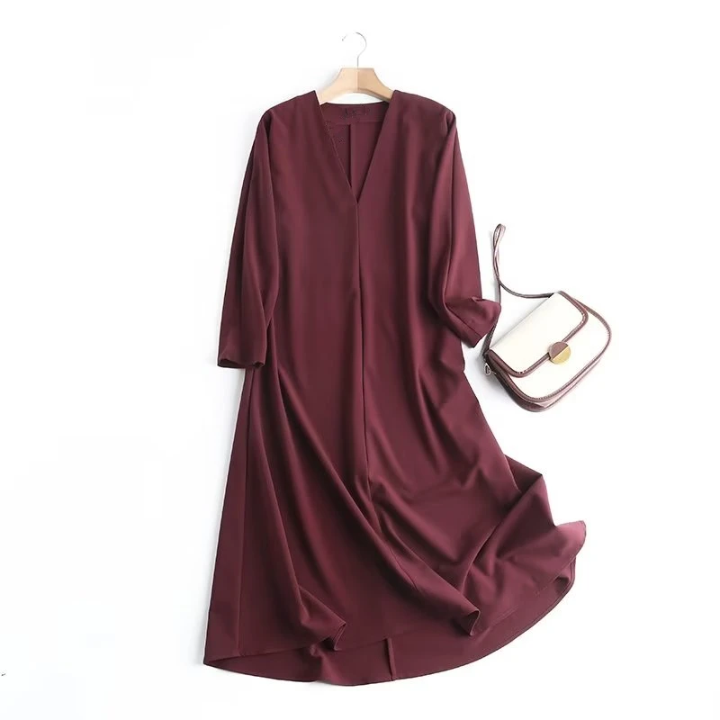 

Jenny&Dave 2023 Spring Burgundy Color Fashion Dress Simple V-neck Office Lady Casual Midi Dress Women