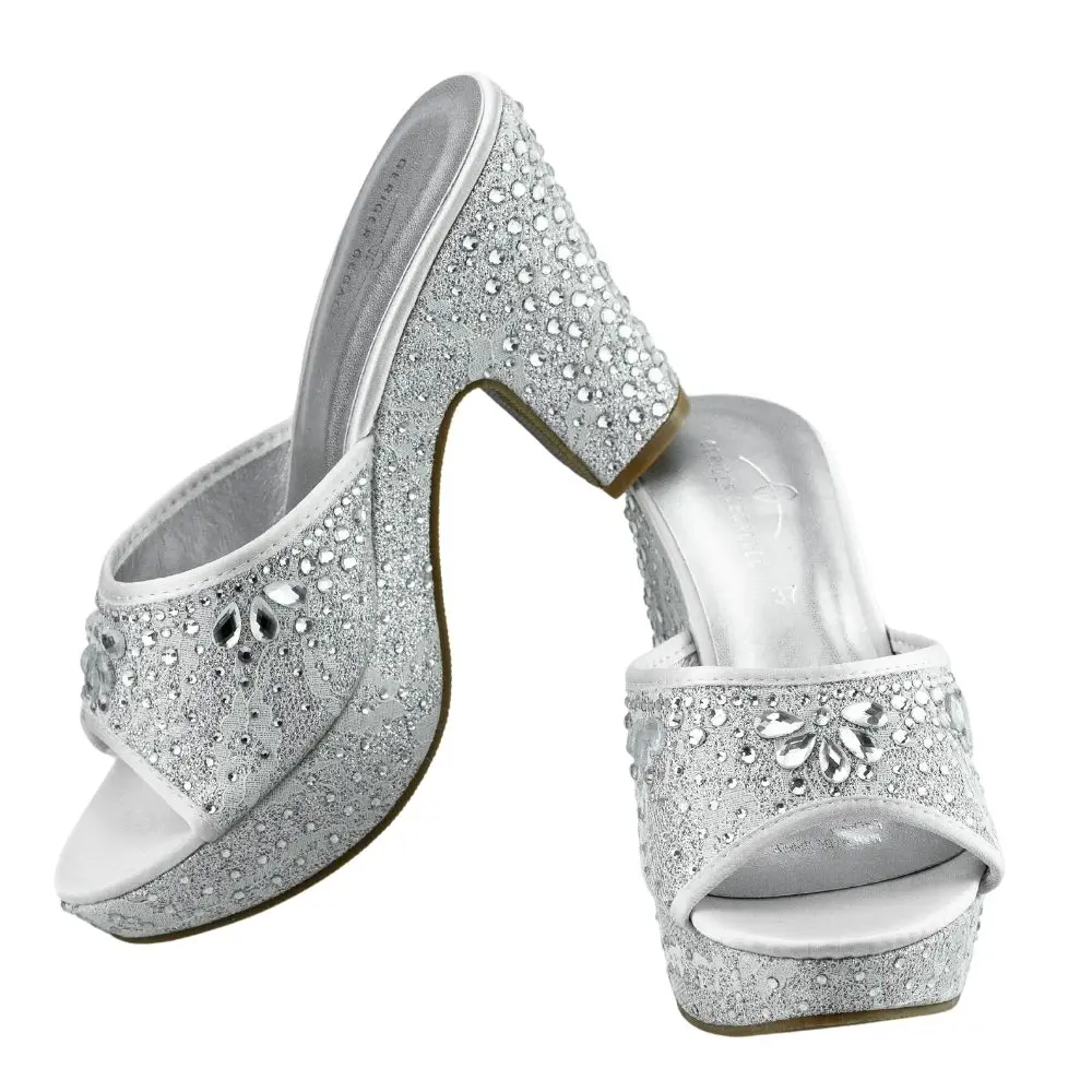 Silver Dressey Summer Shoes Women Wedding Party Footwear Chunky Mules Sandals Platform 3CM Lace Rhinestone High Heels Sandals