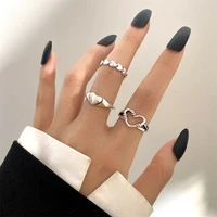 punk vintage silver color hollow out heart ring wide chain knuckle rings set for women men geometric twisted finger ring jewelry