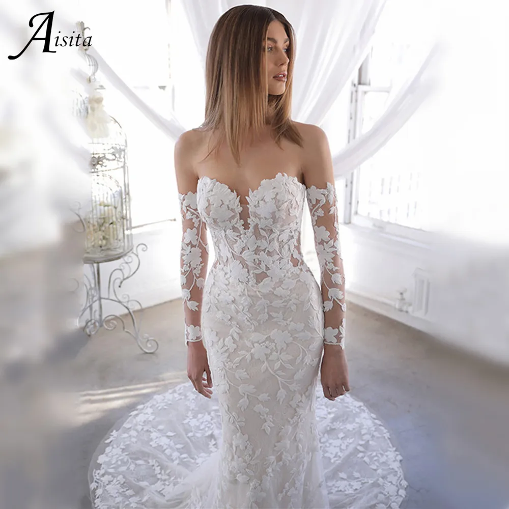 Купи Boho Long Sleeves Mermaid Wedding Dresses Beach Lace Embroidery Tulle Sweep Train Vestidos De Novia Sexy Sweetheart Bridal Robes за 7,140 рублей в магазине AliExpress