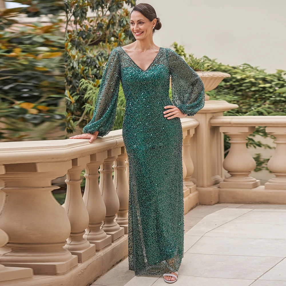 

Sparking Mother of the Bride Dresses V Neck Long Sleeves Mermaid Wedding Party Gowns Pearls Sequined Ankle-Length فستان سهرة