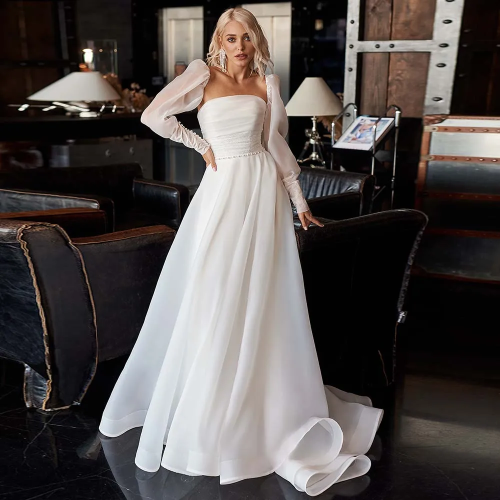 

Mordern Bridal Gowns Detachable Long Sleeve Pearls Bride Dress Sparkle Sequines Pleats Strapless A-Line Wedding Gown 2022 New