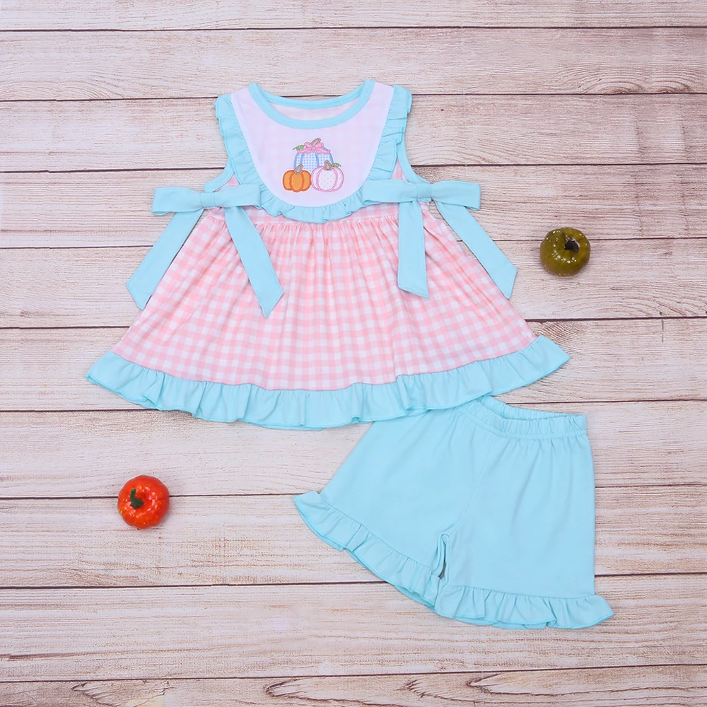 

2022 New Design Baby Girls T-Shirts Outfits For Halloween Cute Pink Pumpkin Smocked Bow Dress Blue Floral Casual Shorts For Kids