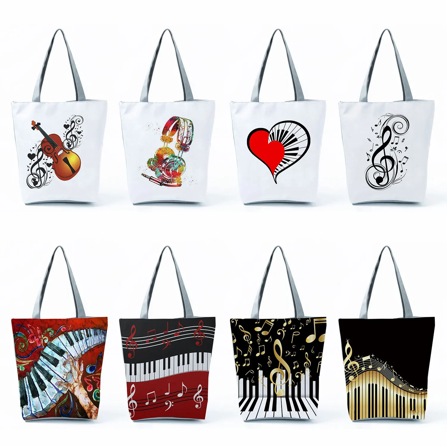 

Черные художественные сумки для женщин, дамская сумка-тоут с принтом фортепиано и музыкальных нот, повседневные сумки для покупок, женская модная сумка через плечо с графическим рисунком