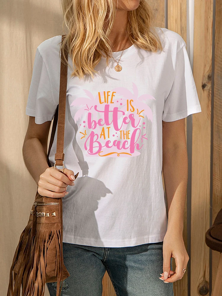

Life Is Better At The Beach Women T-shirt Pink Coconut Tree O-neck Ladies Clothes Summer Harajuku T-Shirt Female Casual Top Tee