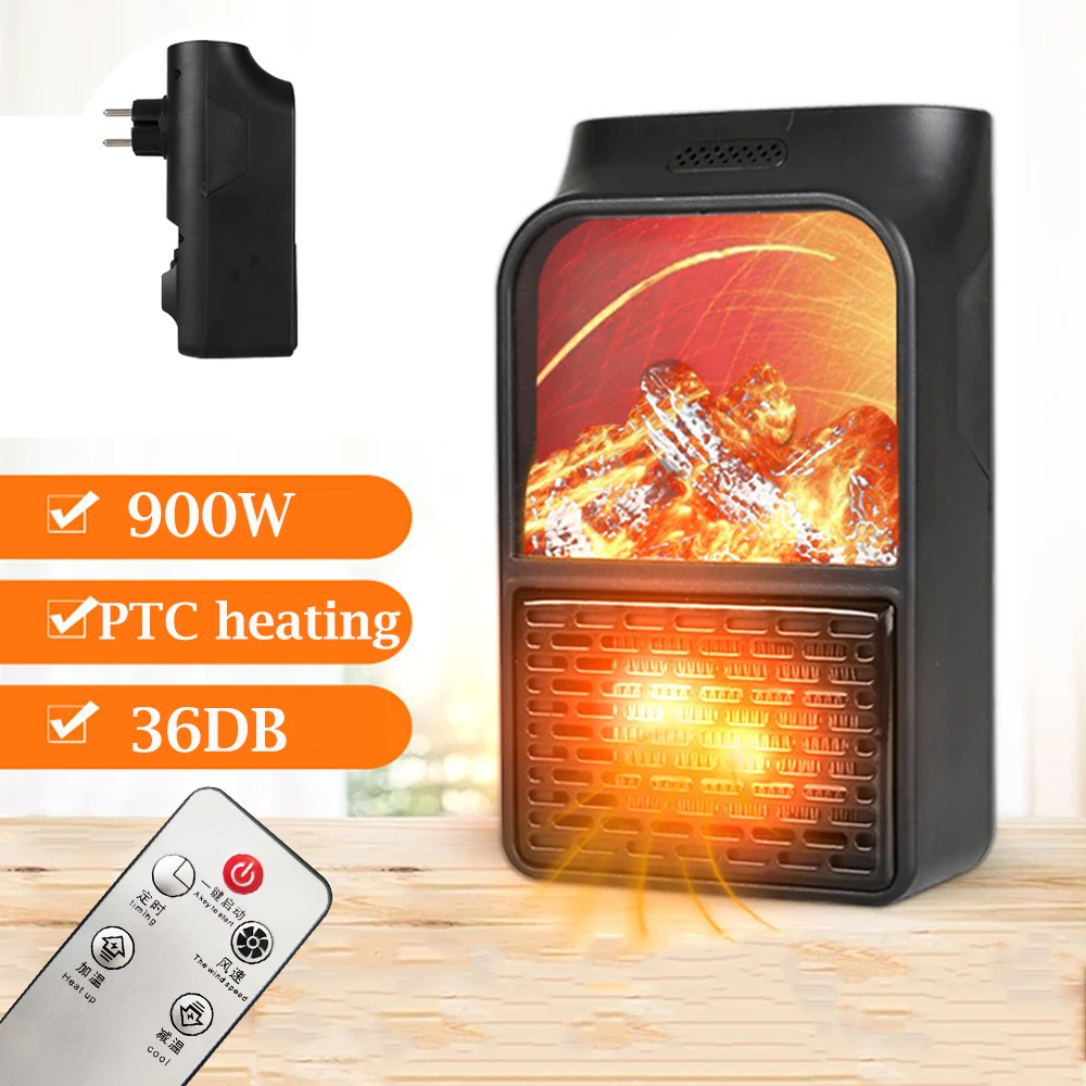 

900W Mini Electric Fan Heater For Room Plug in Portable Simulation Flame Warmer For Home Office With Remote Control Wall Heater