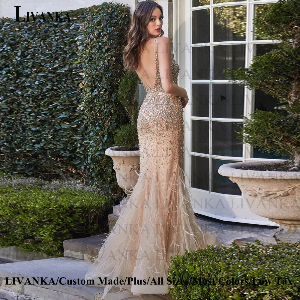 

LIVANKA Classic Evening Prom Dresses Sexy Scoop Spaghetti Strap Sleeveless Blackless Trumpet Court Train Custom Made Vestidos