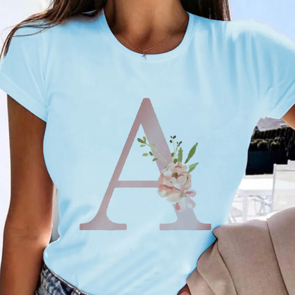 

Summer Blue Women's T-shirt 26 English Alphabet Printing Series Short-sleeved Casual Ladies O-neck Personality Soft Short-slee
