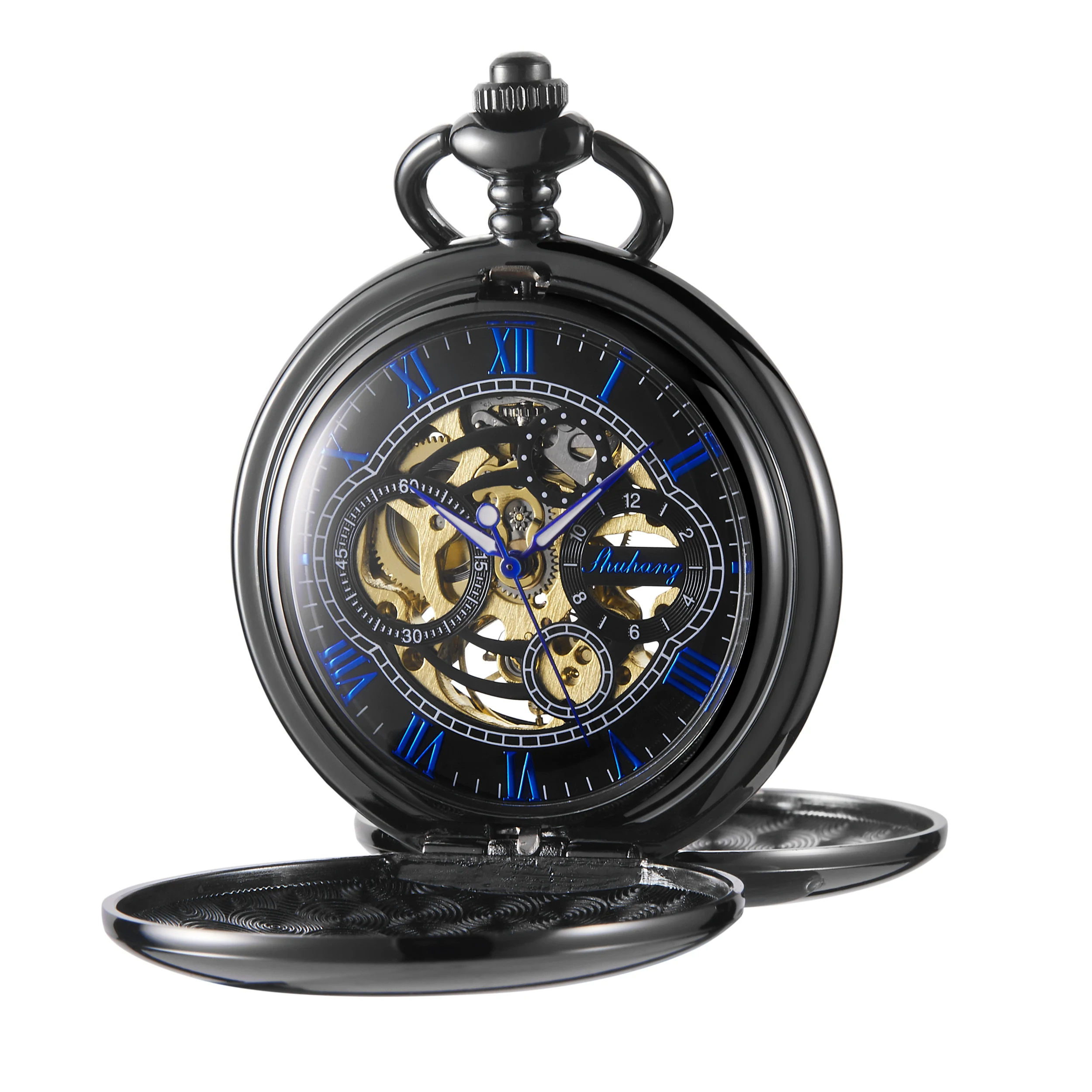 Full Black 2 Sides Open Case Luxury Mens Pocket Watch Mechanical Hand-winding Necklace Clock Business Exquisite Male Gift