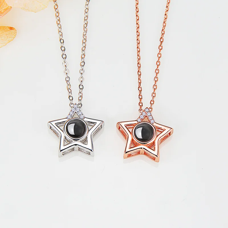 S925 Silver Pentagram Customized with Photos Projection Necklace 100 Languages I Love You Jewelry For Women Birthday Memory Gift