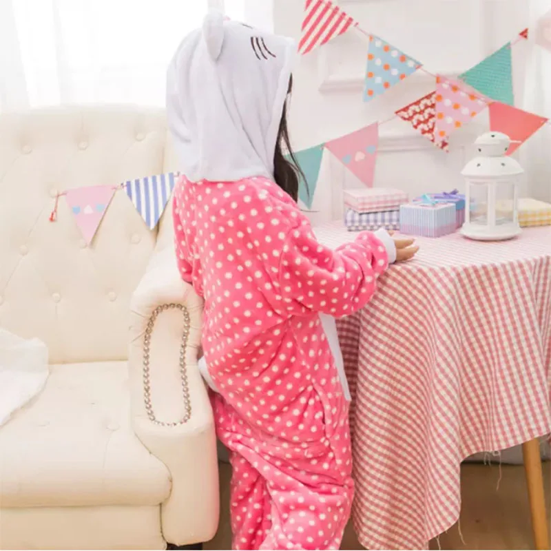 Family Kigurumi Pajamas Pink Dots Cat Cartoon Onesie Cosplay Costume Pajamas For Kids and Adults With Slippers