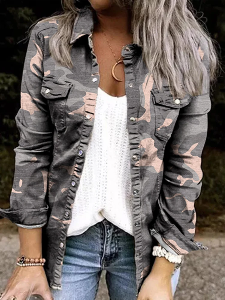 

Women Jacket 2022 Casual Camouflage Single Breasted Snap Lapel Long Sleeve Pocket Tunic Shirt Denim Jacket Teen Vintage Fashion