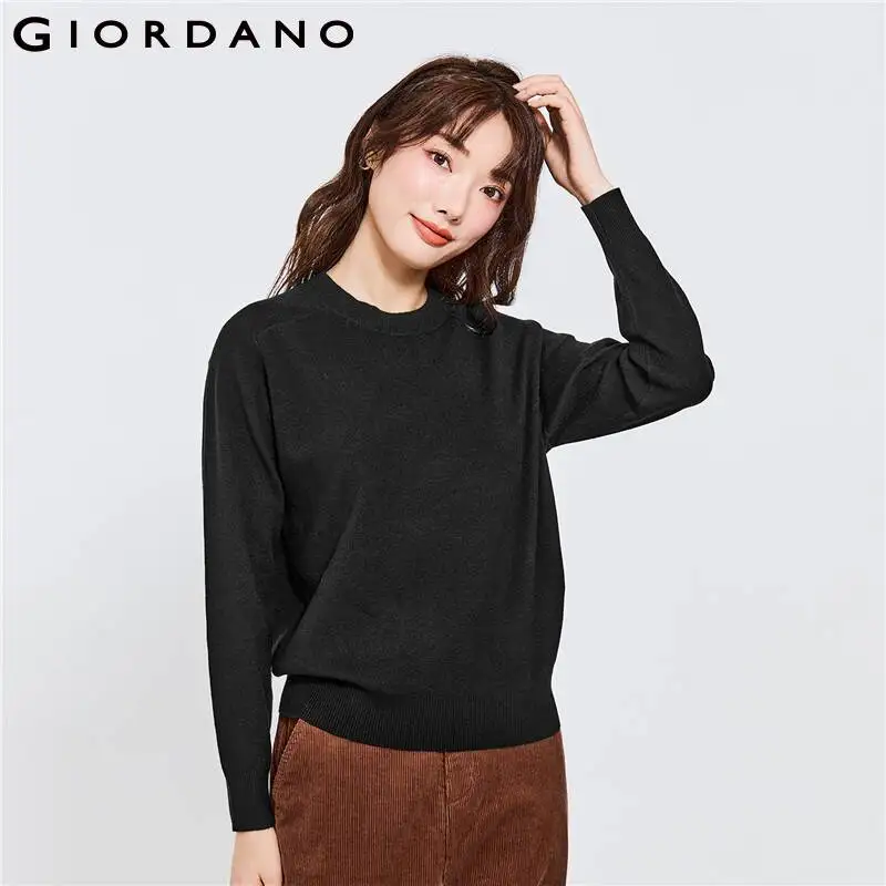 

Женский однотонный трикотажный свитер Giordano с круглым вырезом и рукавами-рогами, 12 стежков, однотонные свободные свитера 05352854